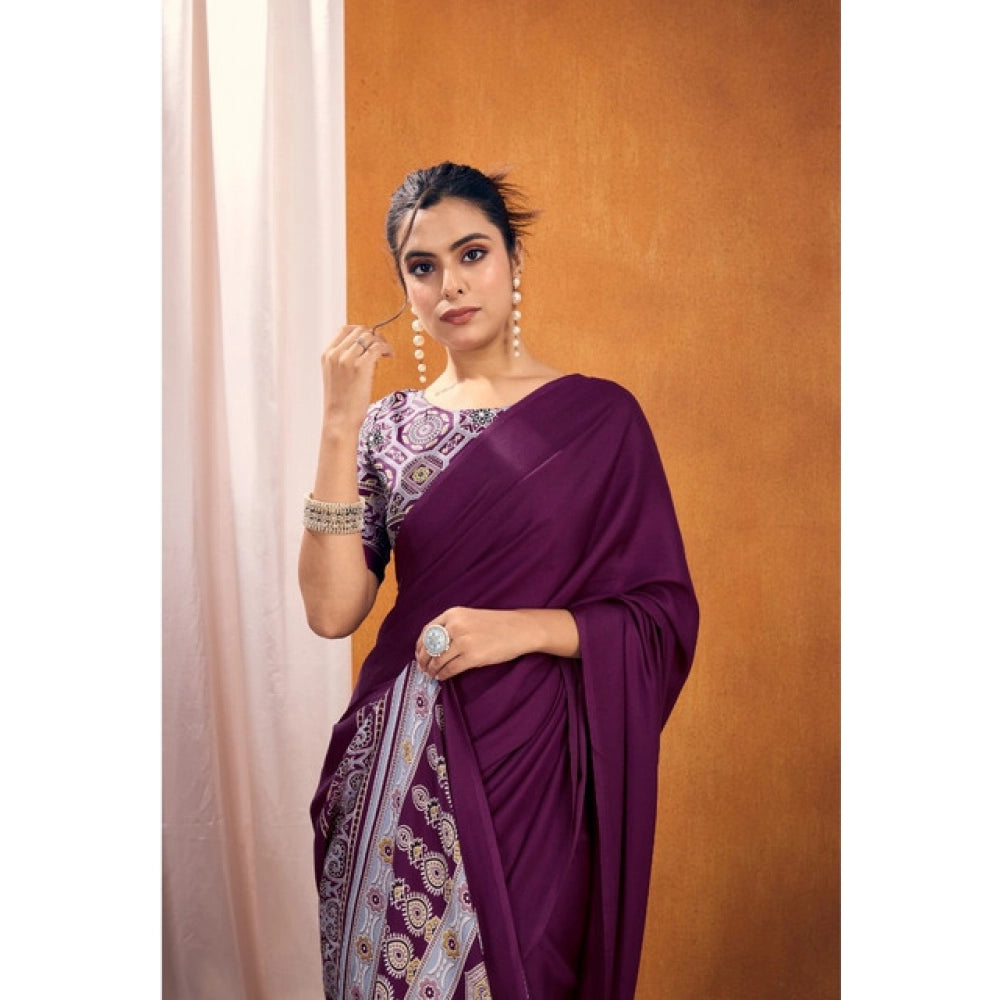 Vaystra Satin Crepe Printed Saree With Unstitched Blouse 5.5Mtr – Purple