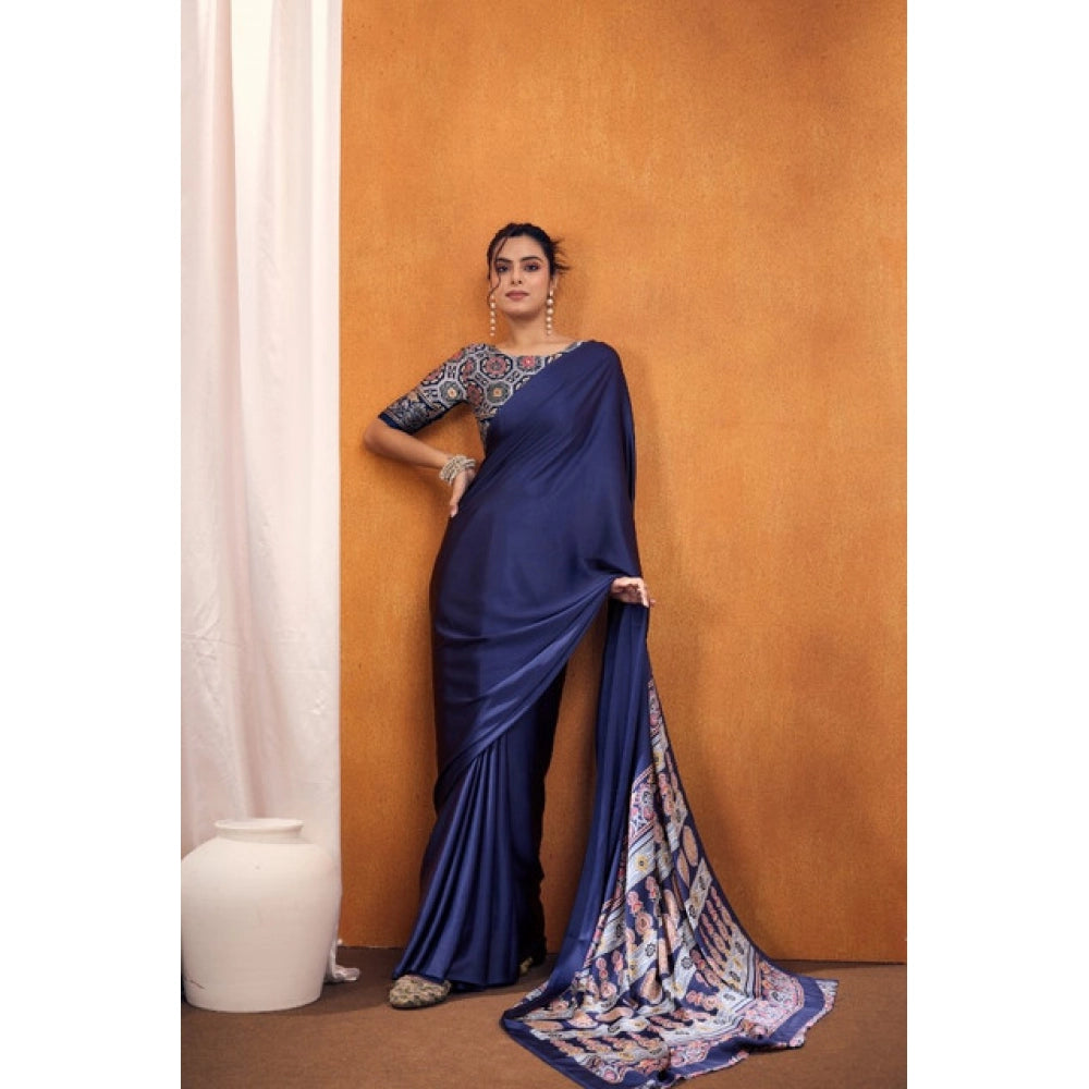 Vaystra Satin Crepe Printed Saree With Unstitched Blouse 5.5Mtr – Navy Blue