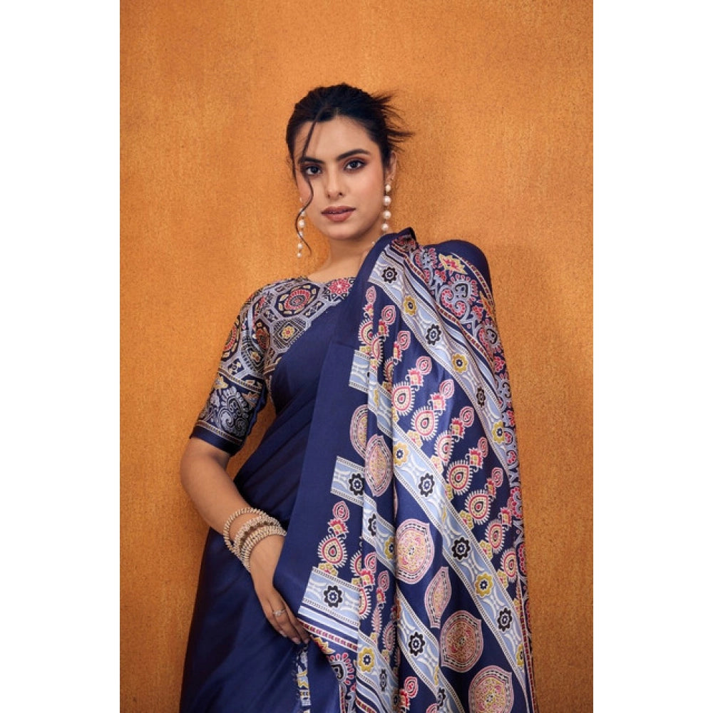 Vaystra Satin Crepe Printed Saree With Unstitched Blouse 5.5Mtr – Navy Blue