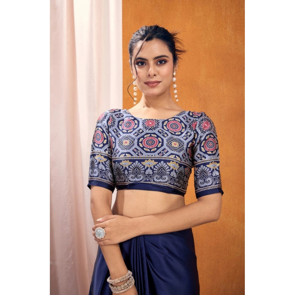 Vaystra Satin Crepe Printed Saree With Unstitched Blouse 5.5Mtr – Navy Blue