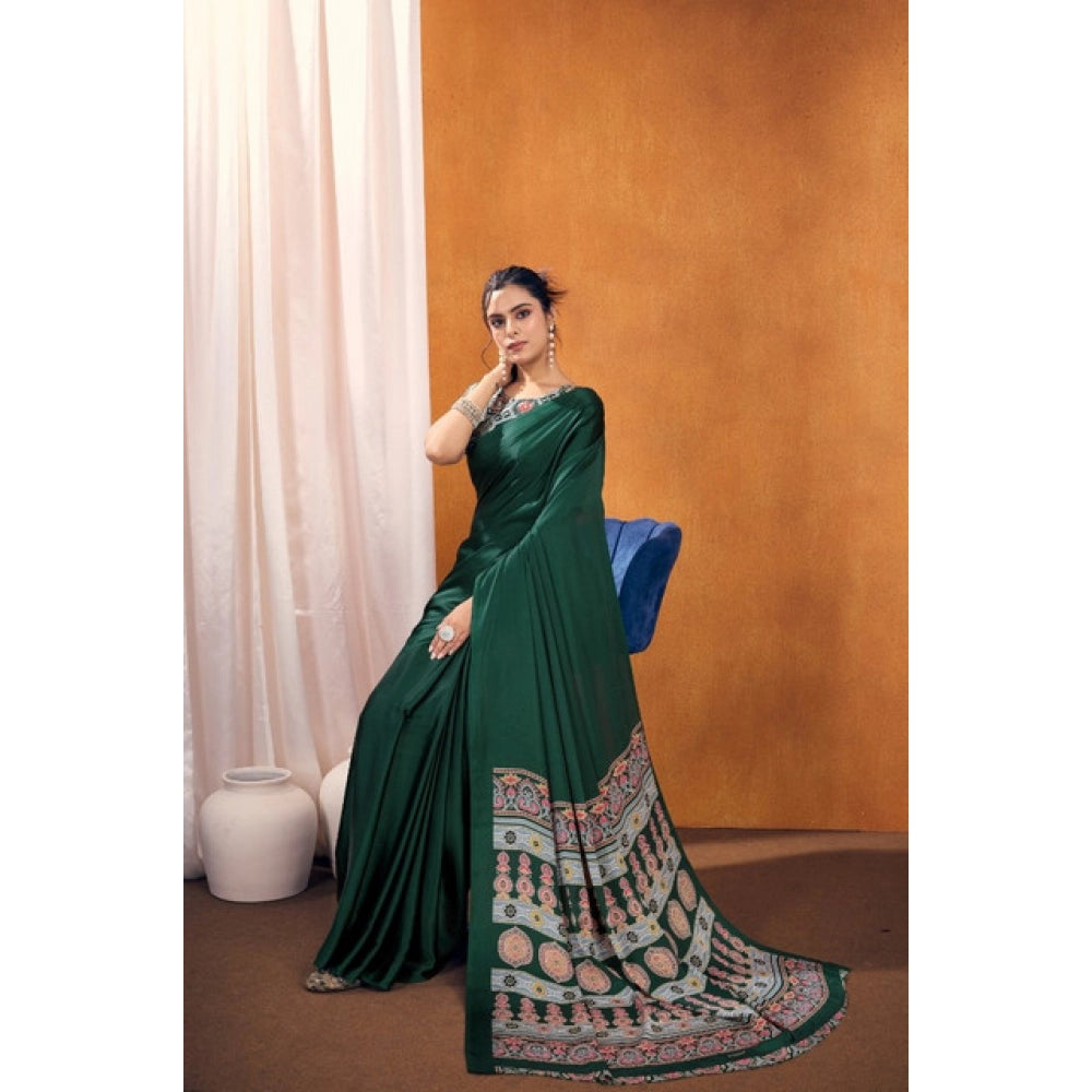 Vaystra Satin Crepe Printed Saree With Unstitched Blouse 5.5Mtr – Bottle Green