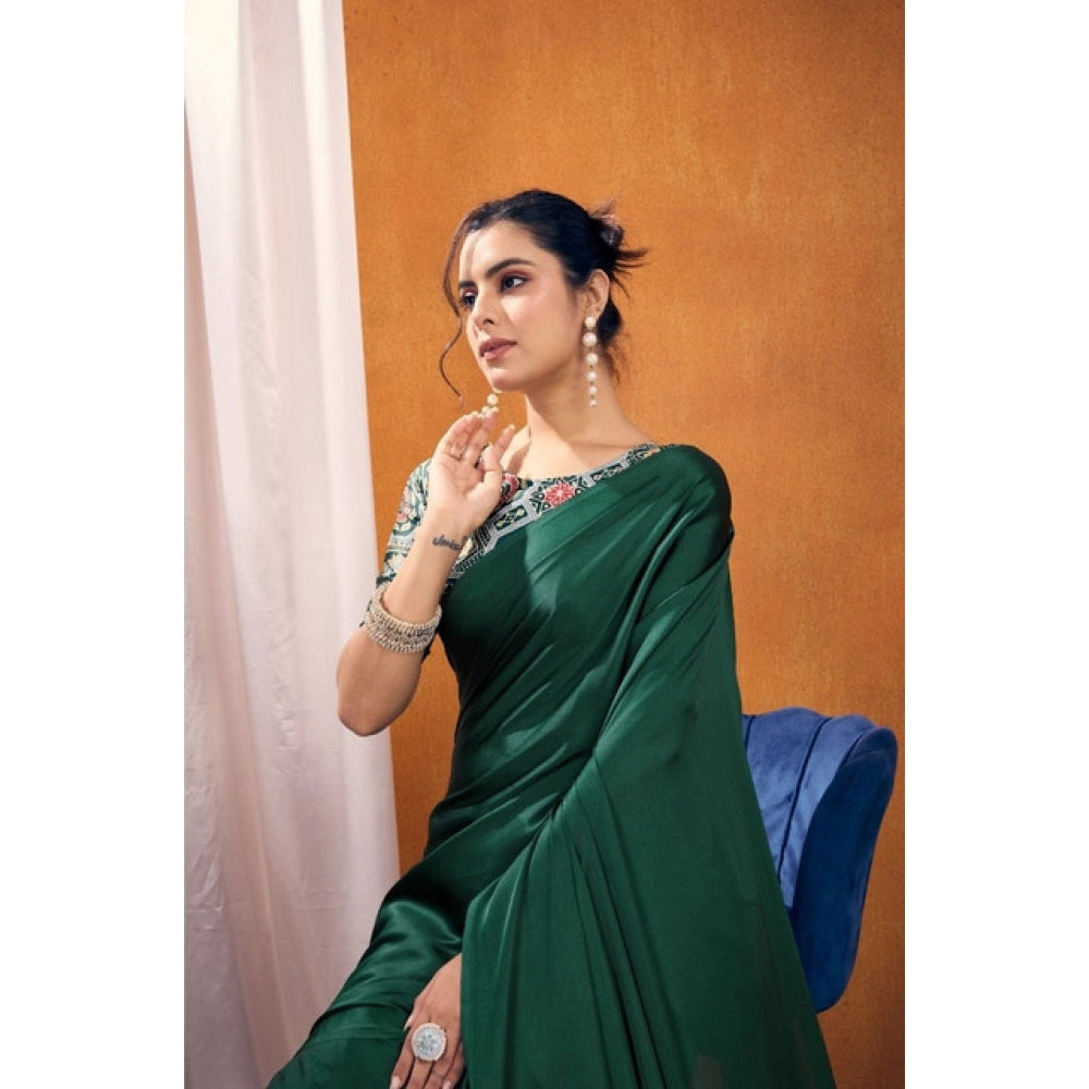 Vaystra Satin Crepe Printed Saree With Unstitched Blouse 5.5Mtr – Bottle Green