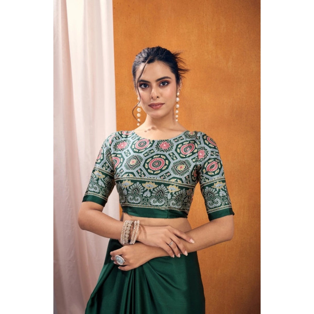 Vaystra Satin Crepe Printed Saree With Unstitched Blouse 5.5Mtr – Bottle Green