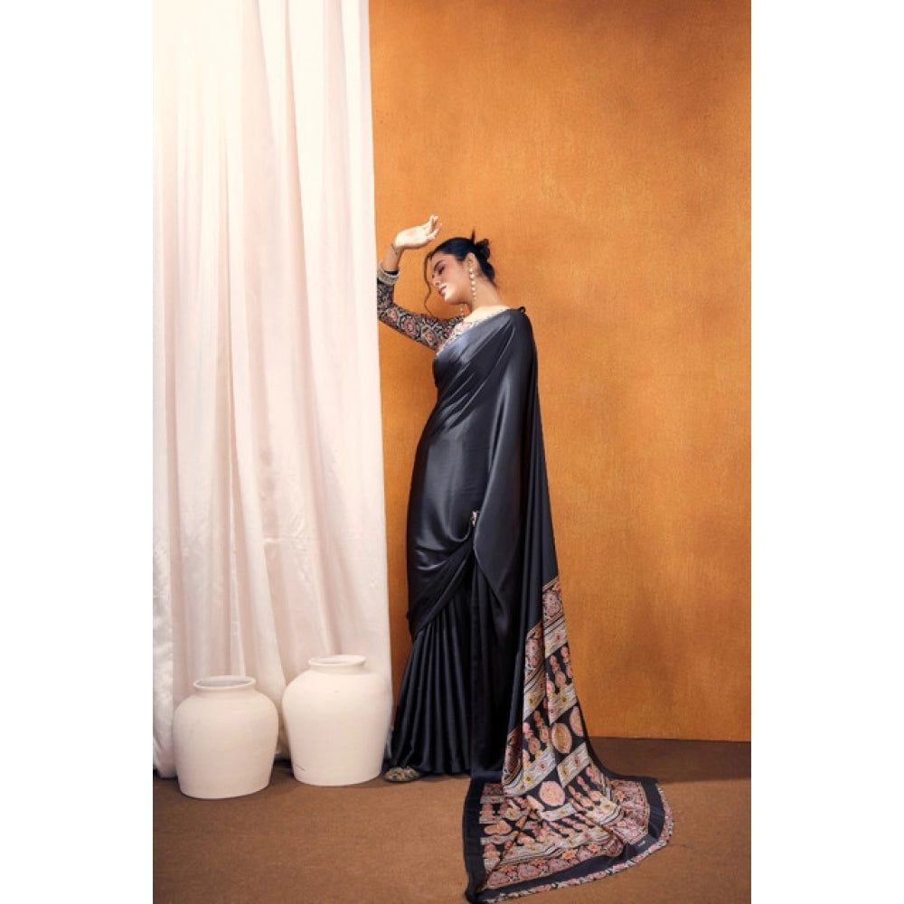 Vaystra Satin Crepe Printed Saree With Unstitched Blouse 5.5Mtr – Black