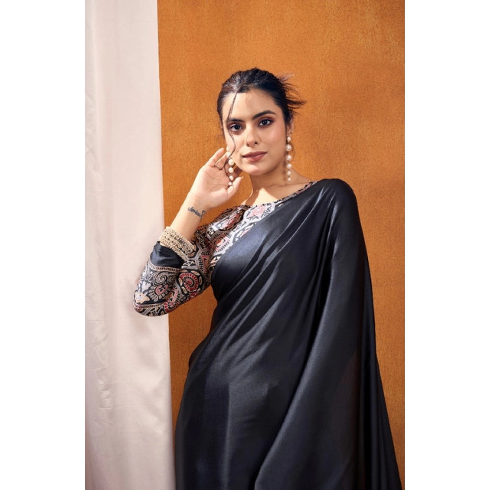 Vaystra Satin Crepe Printed Saree With Unstitched Blouse 5.5Mtr – Black