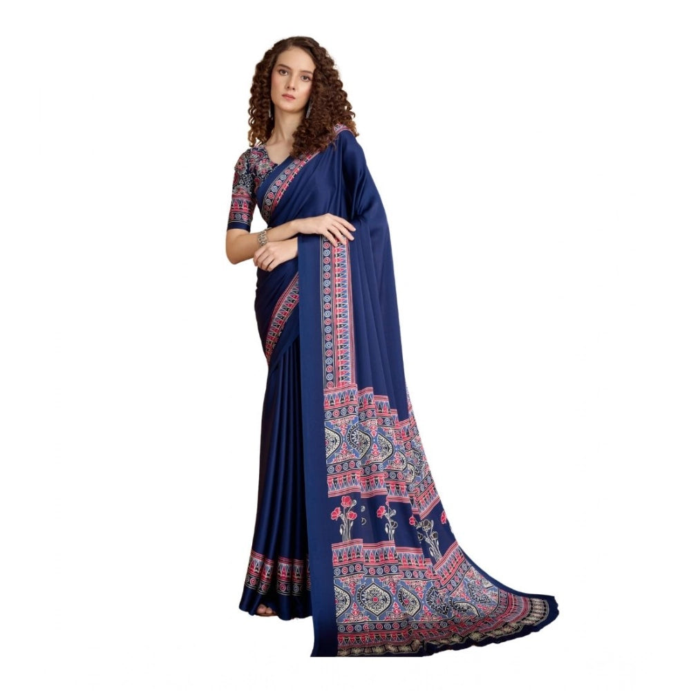 Vaystra Satin Crepe Printed Saree With Unstitched Blouse 5.5Mtr – Navy Blue