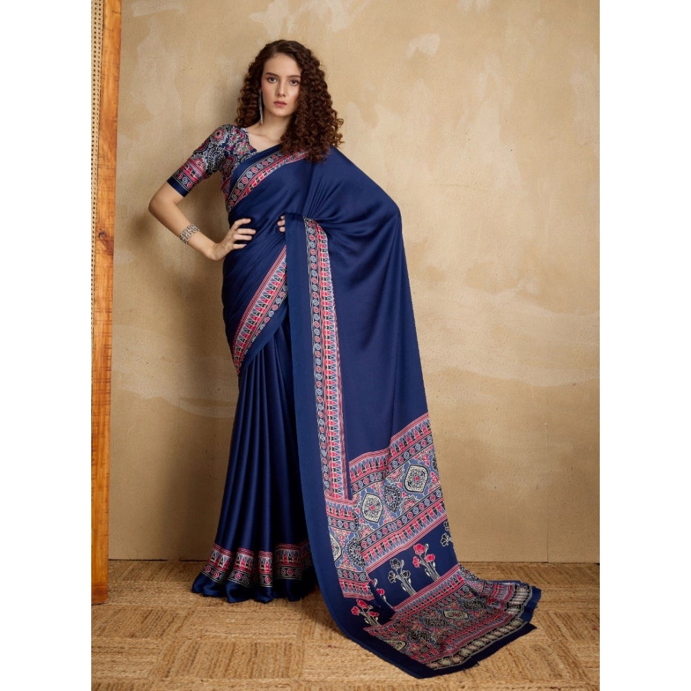 Vaystra Satin Crepe Printed Saree With Unstitched Blouse 5.5Mtr – Navy Blue