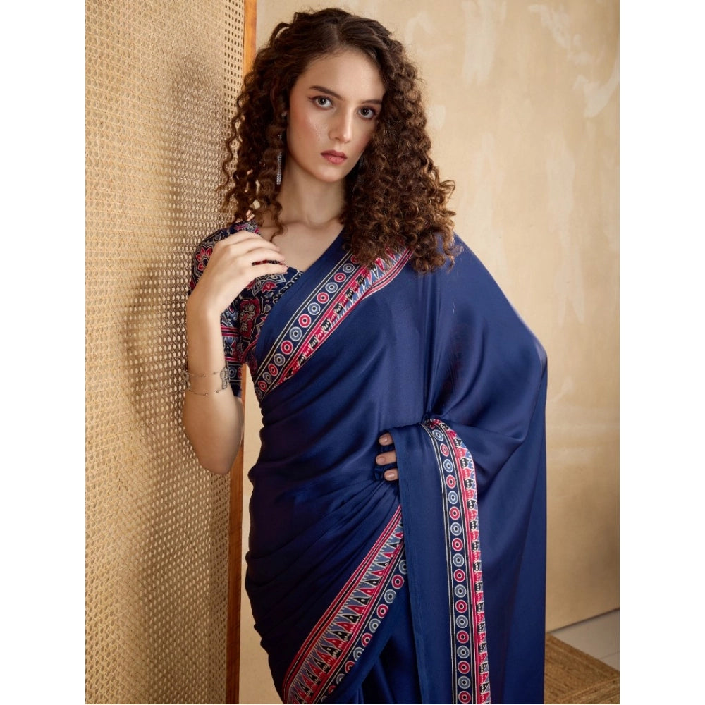 Vaystra Satin Crepe Printed Saree With Unstitched Blouse 5.5Mtr – Navy Blue