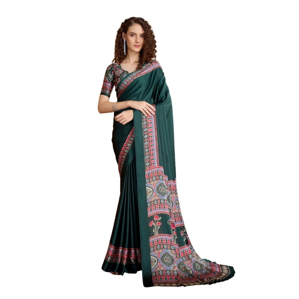 Vaystra Satin Crepe Printed Saree With Unstitched Blouse 5.5Mtr – Green