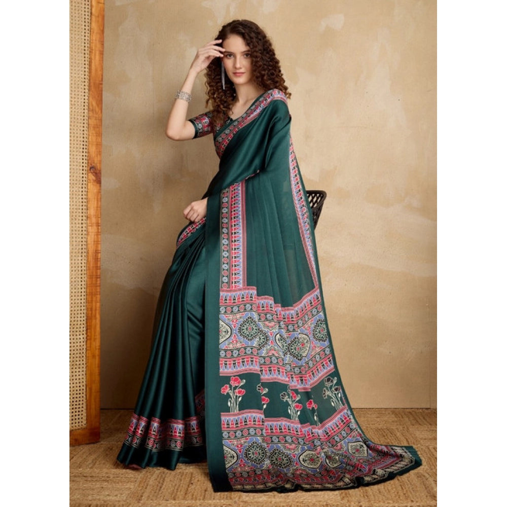 Vaystra Satin Crepe Printed Saree With Unstitched Blouse 5.5Mtr – Green