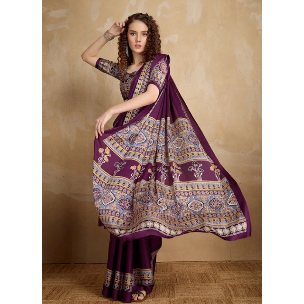 Vaystra Satin Crepe Printed Saree With Unstitched Blouse 5.5Mtr – Purple