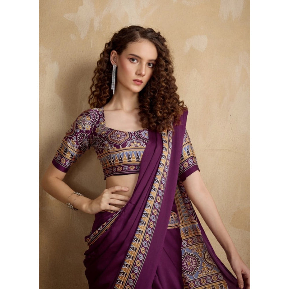 Vaystra Satin Crepe Printed Saree With Unstitched Blouse 5.5Mtr – Purple