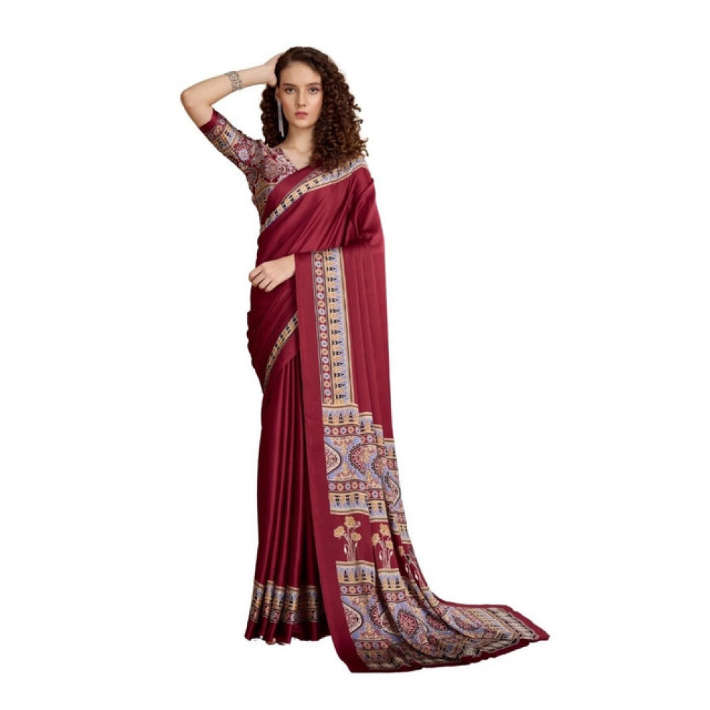 Vaystra Satin Crepe Printed Saree With Unstitched Blouse 5.5Mtr – Maroon