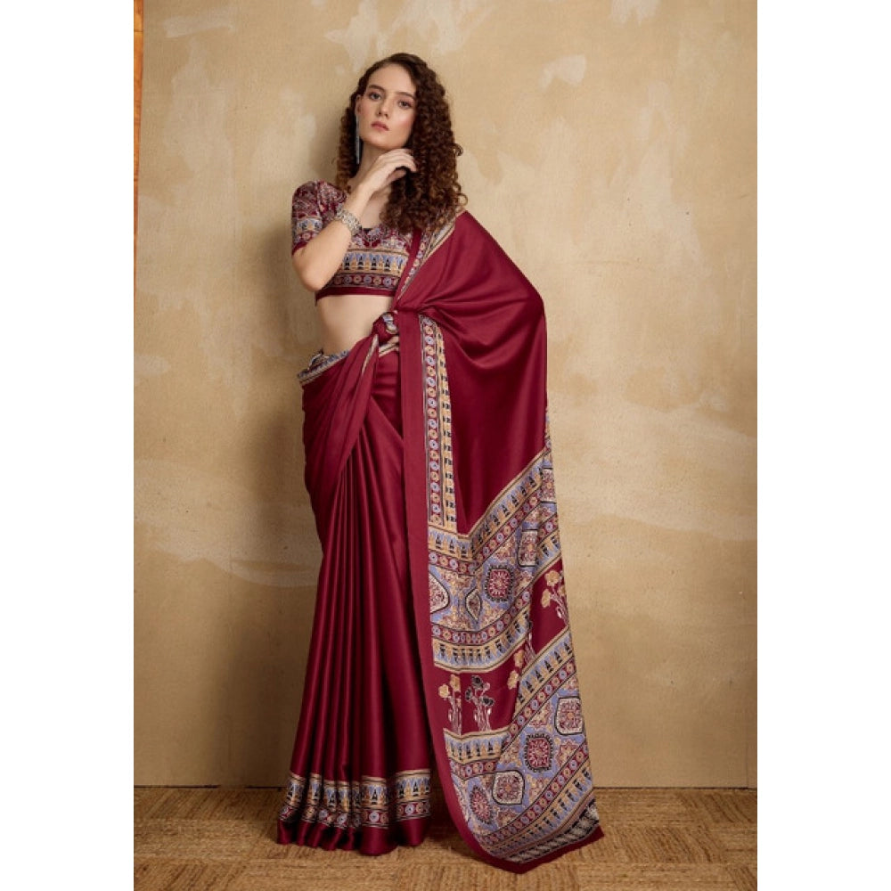 Vaystra Satin Crepe Printed Saree With Unstitched Blouse 5.5Mtr – Maroon