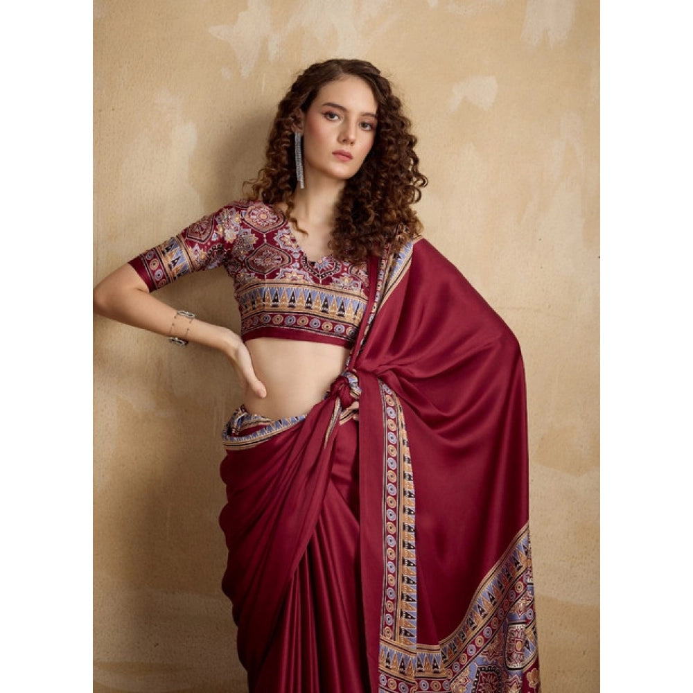 Vaystra Satin Crepe Printed Saree With Unstitched Blouse 5.5Mtr – Maroon