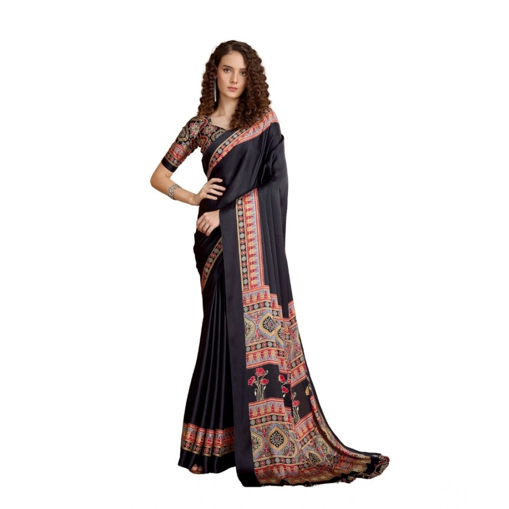 Vaystra Satin Crepe Printed Saree With Unstitched Blouse 5.5Mtr – Black