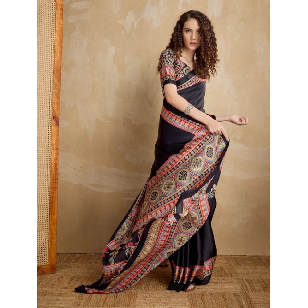 Vaystra Satin Crepe Printed Saree With Unstitched Blouse 5.5Mtr – Black