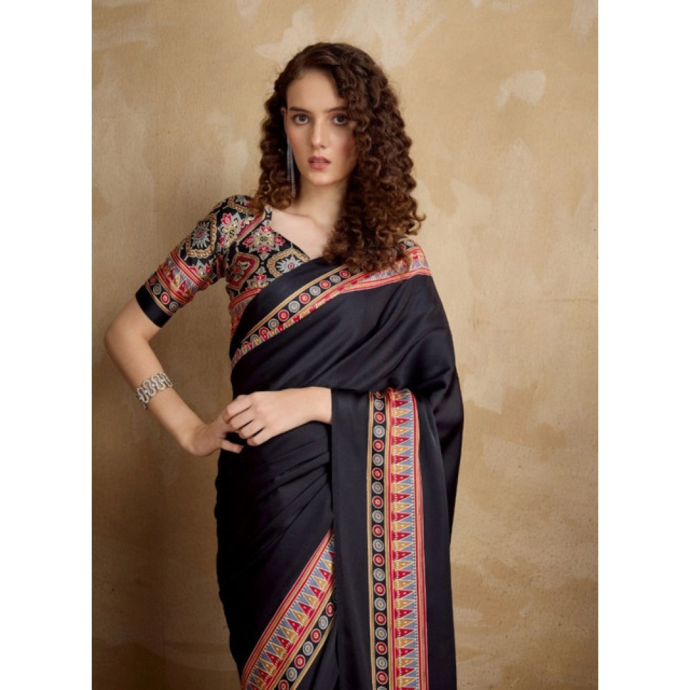 Vaystra Satin Crepe Printed Saree With Unstitched Blouse 5.5Mtr – Black