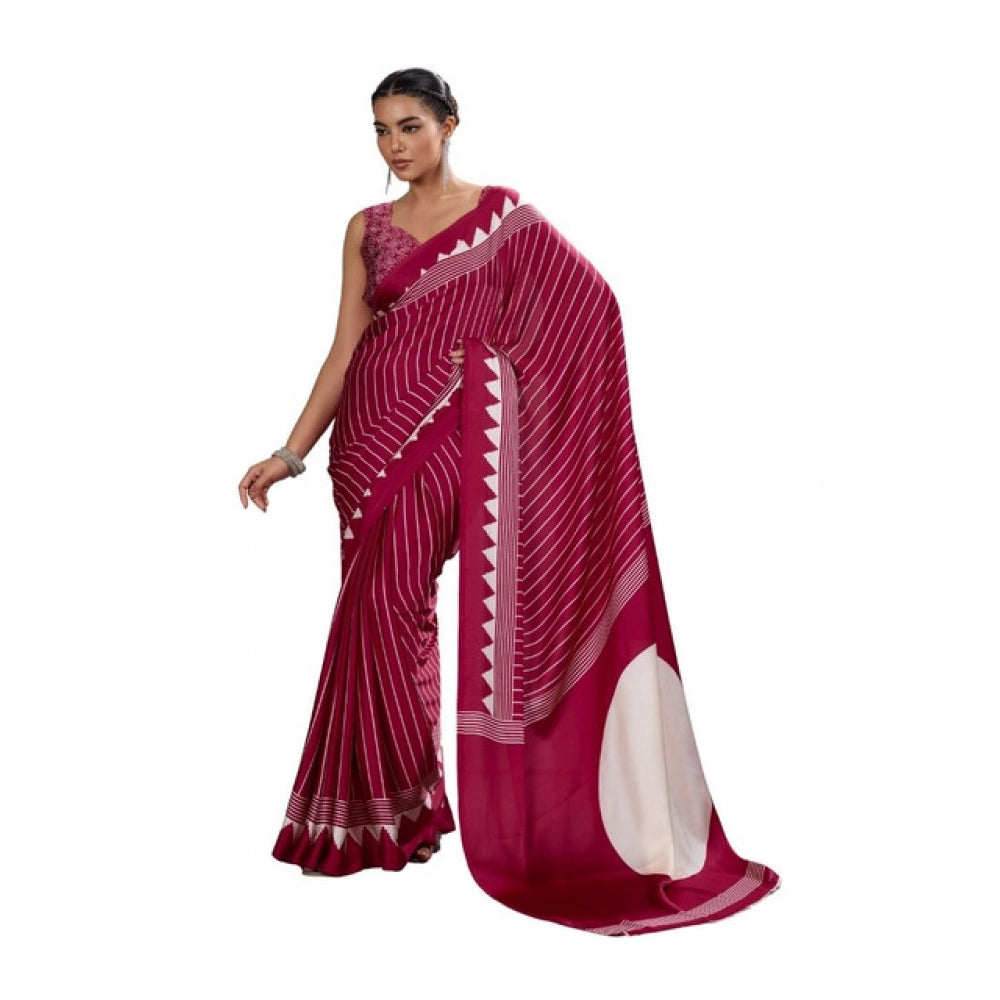 Vaystra Satin Crepe Printed Saree With Unstitched Blouse 5.5Mtr – Maroon