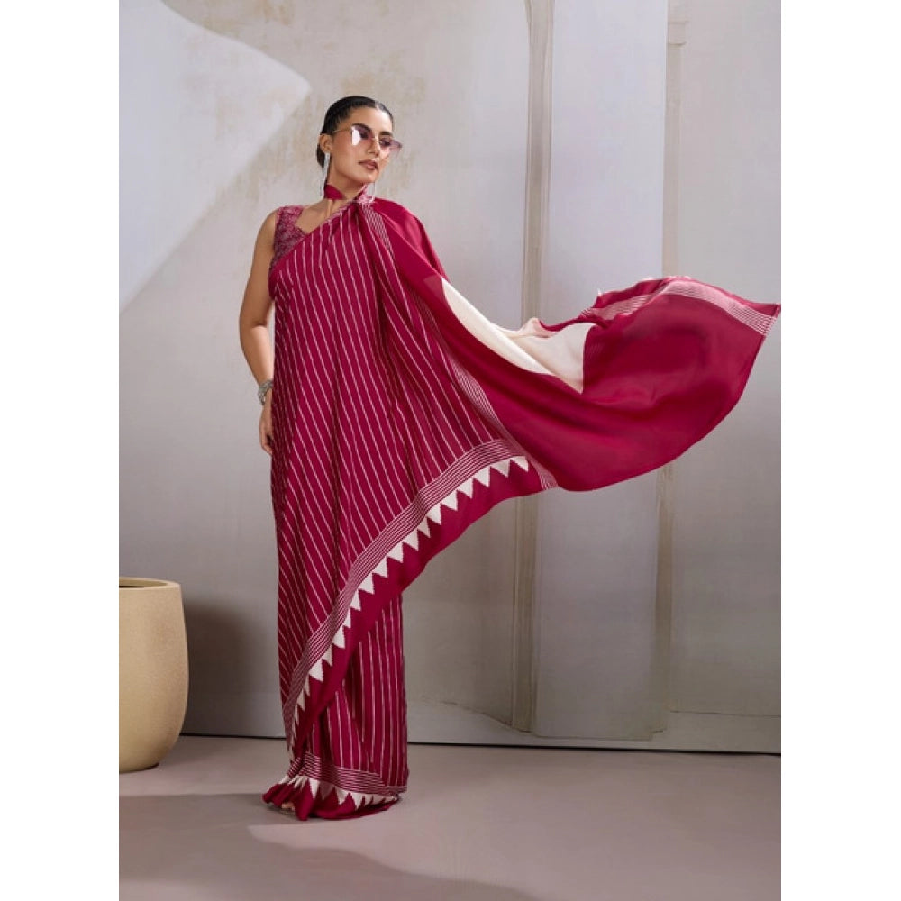 Vaystra Satin Crepe Printed Saree With Unstitched Blouse 5.5Mtr – Maroon