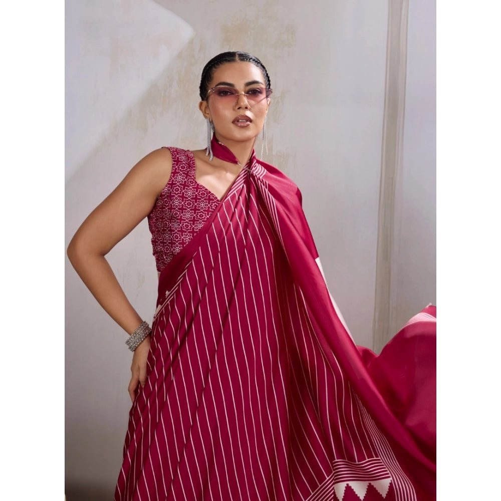 Vaystra Satin Crepe Printed Saree With Unstitched Blouse 5.5Mtr – Maroon