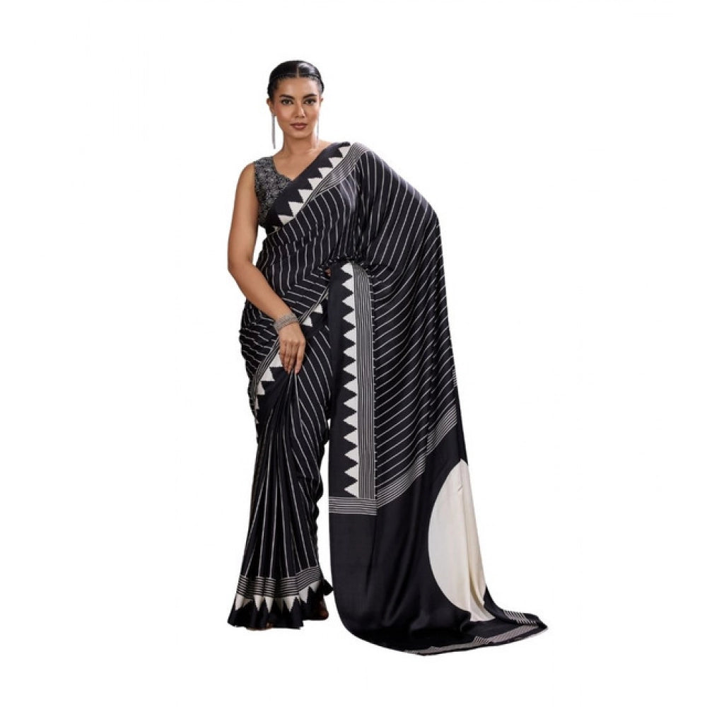 Vaystra Satin Crepe Printed Saree With Unstitched Blouse 5.5Mtr – Black