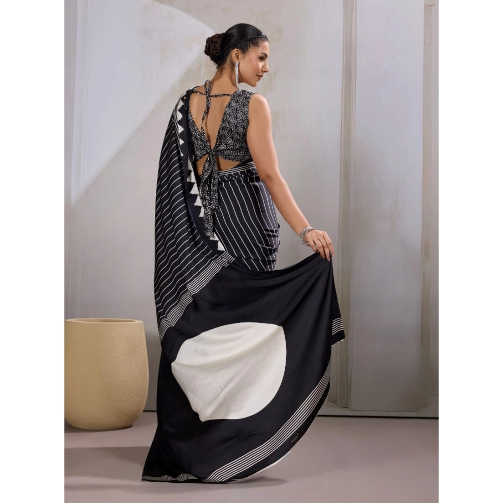 Vaystra Satin Crepe Printed Saree With Unstitched Blouse 5.5Mtr – Black