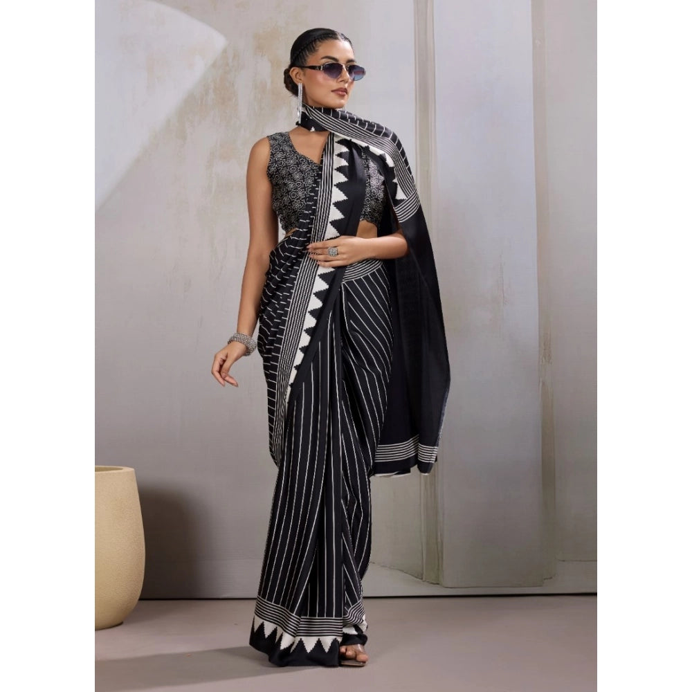 Vaystra Satin Crepe Printed Saree With Unstitched Blouse 5.5Mtr – Black