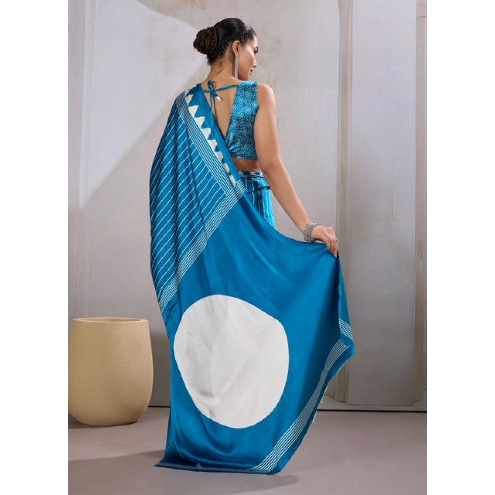 Vaystra Satin Crepe Printed Saree With Unstitched Blouse 5.5Mtr – Rama Blue