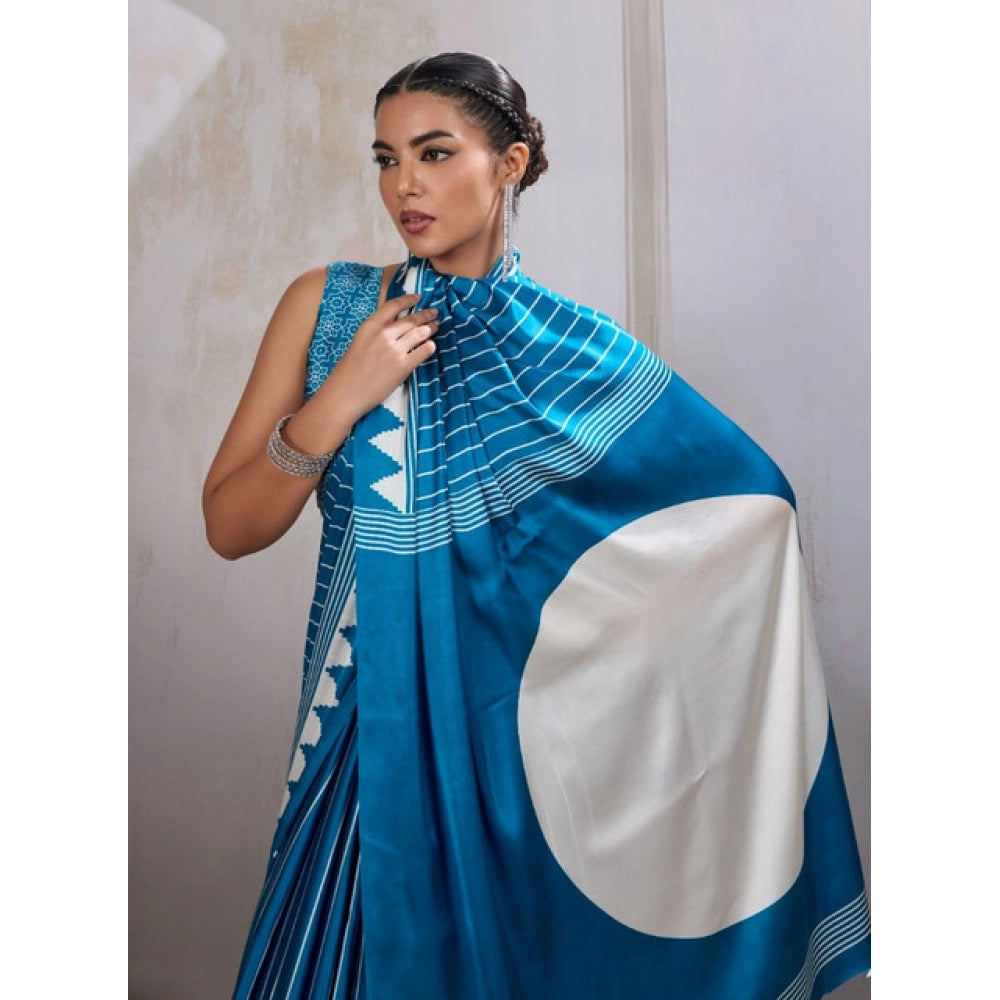 Vaystra Satin Crepe Printed Saree With Unstitched Blouse 5.5Mtr – Rama Blue