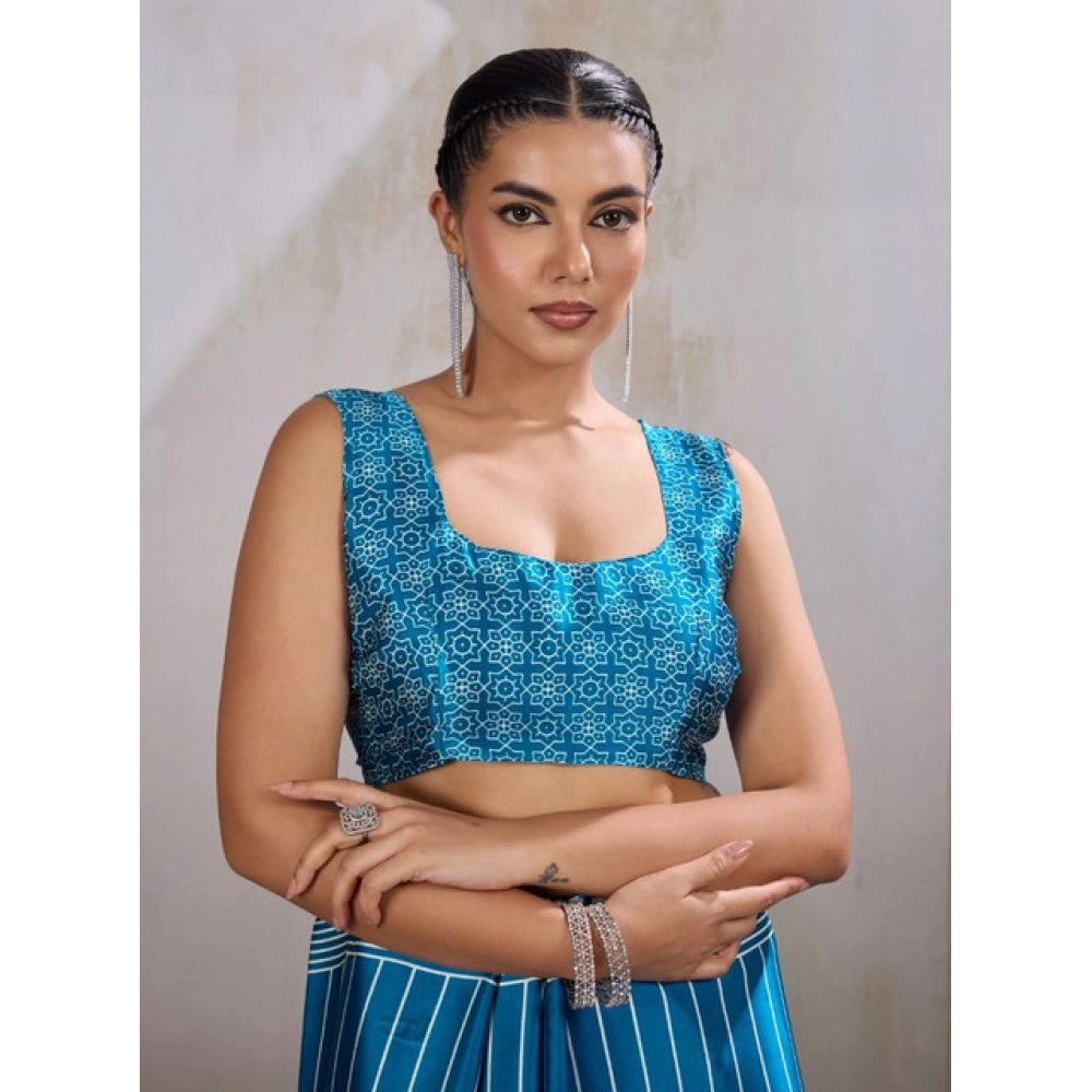 Vaystra Satin Crepe Printed Saree With Unstitched Blouse 5.5Mtr – Rama Blue