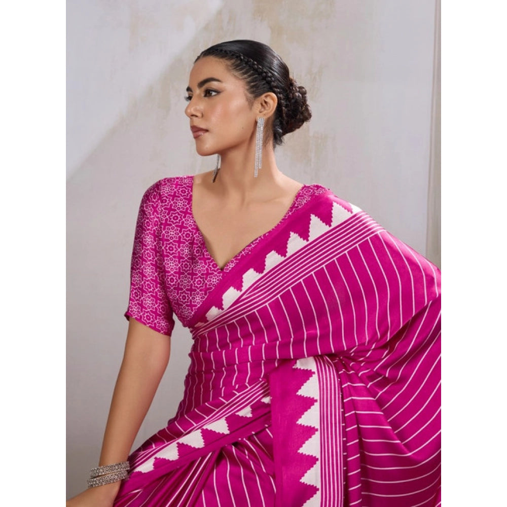 Vaystra Satin Crepe Printed Saree With Unstitched Blouse 5.5Mtr – Pink