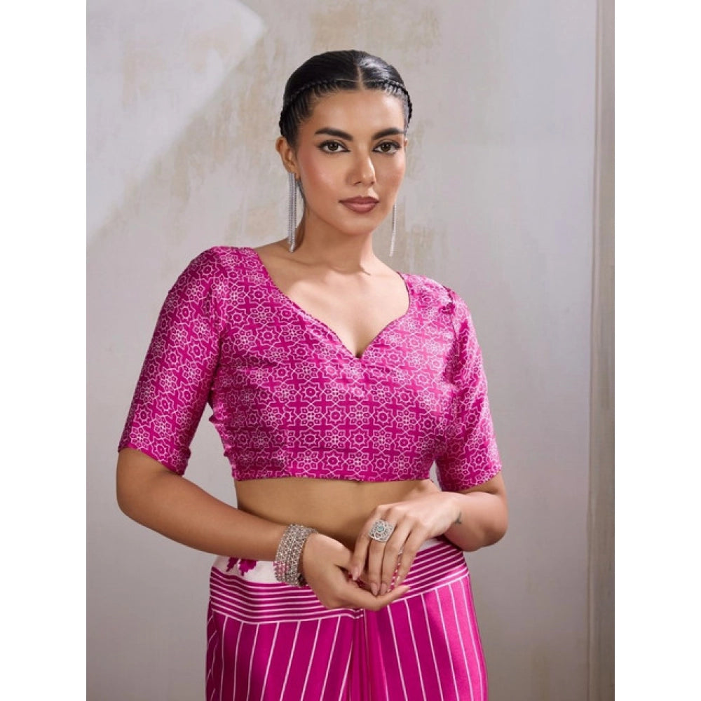 Vaystra Satin Crepe Printed Saree With Unstitched Blouse 5.5Mtr – Pink