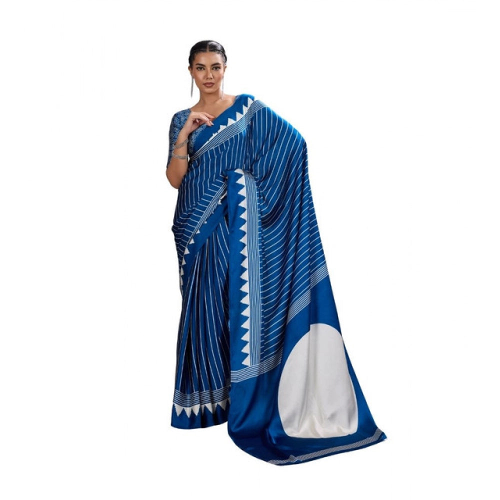 Vaystra Satin Crepe Printed Saree With Unstitched Blouse 5.5Mtr – Blue