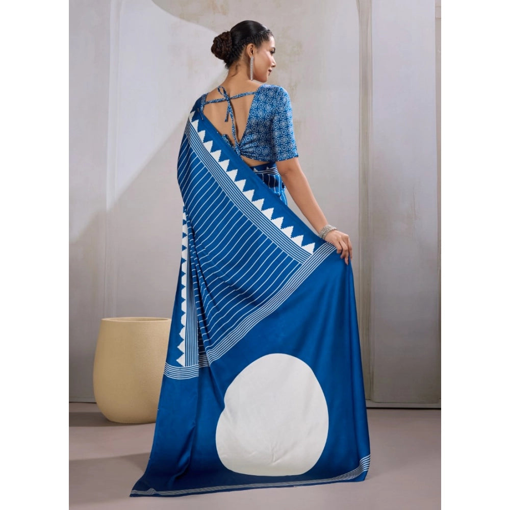 Vaystra Satin Crepe Printed Saree With Unstitched Blouse 5.5Mtr – Blue