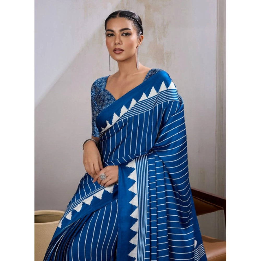 Vaystra Satin Crepe Printed Saree With Unstitched Blouse 5.5Mtr – Blue