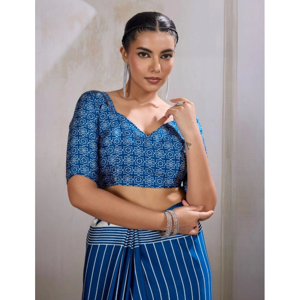 Vaystra Satin Crepe Printed Saree With Unstitched Blouse 5.5Mtr – Blue