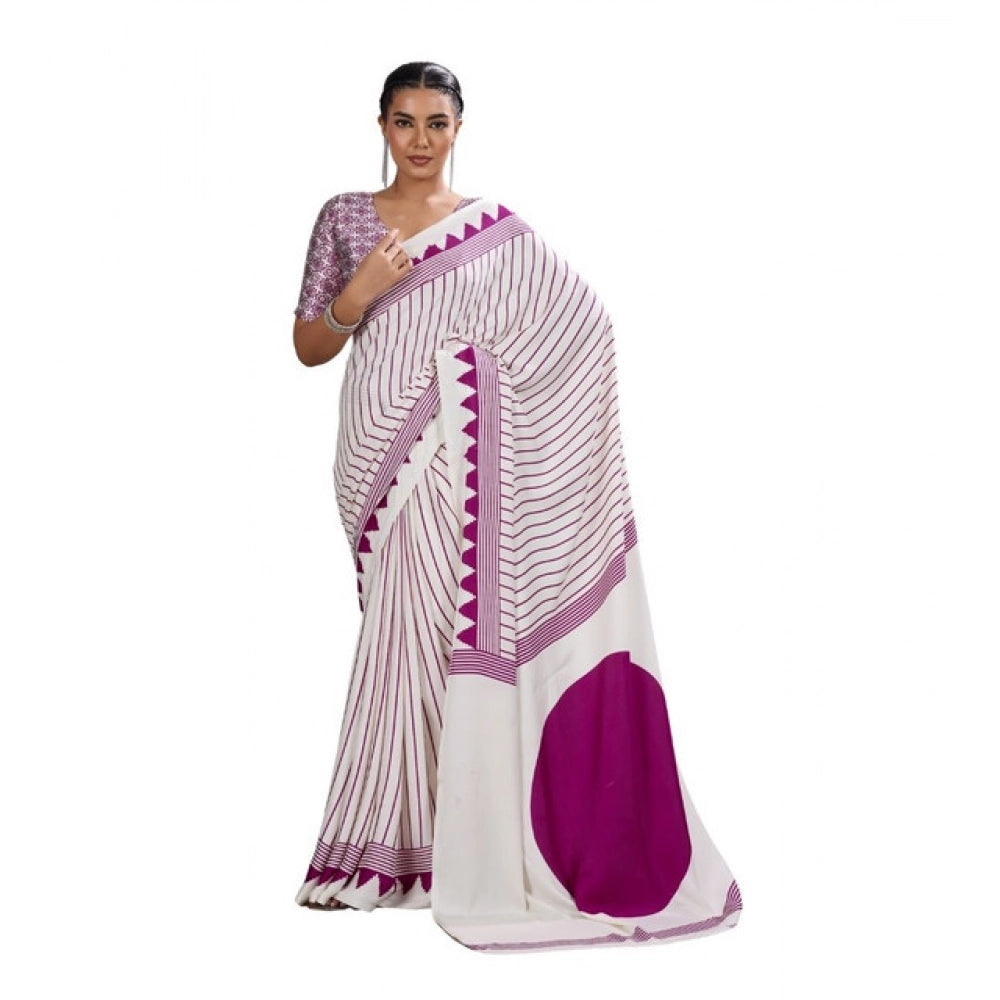 Vaystra Satin Crepe Printed Saree With Unstitched Blouse 5.5Mtr – White