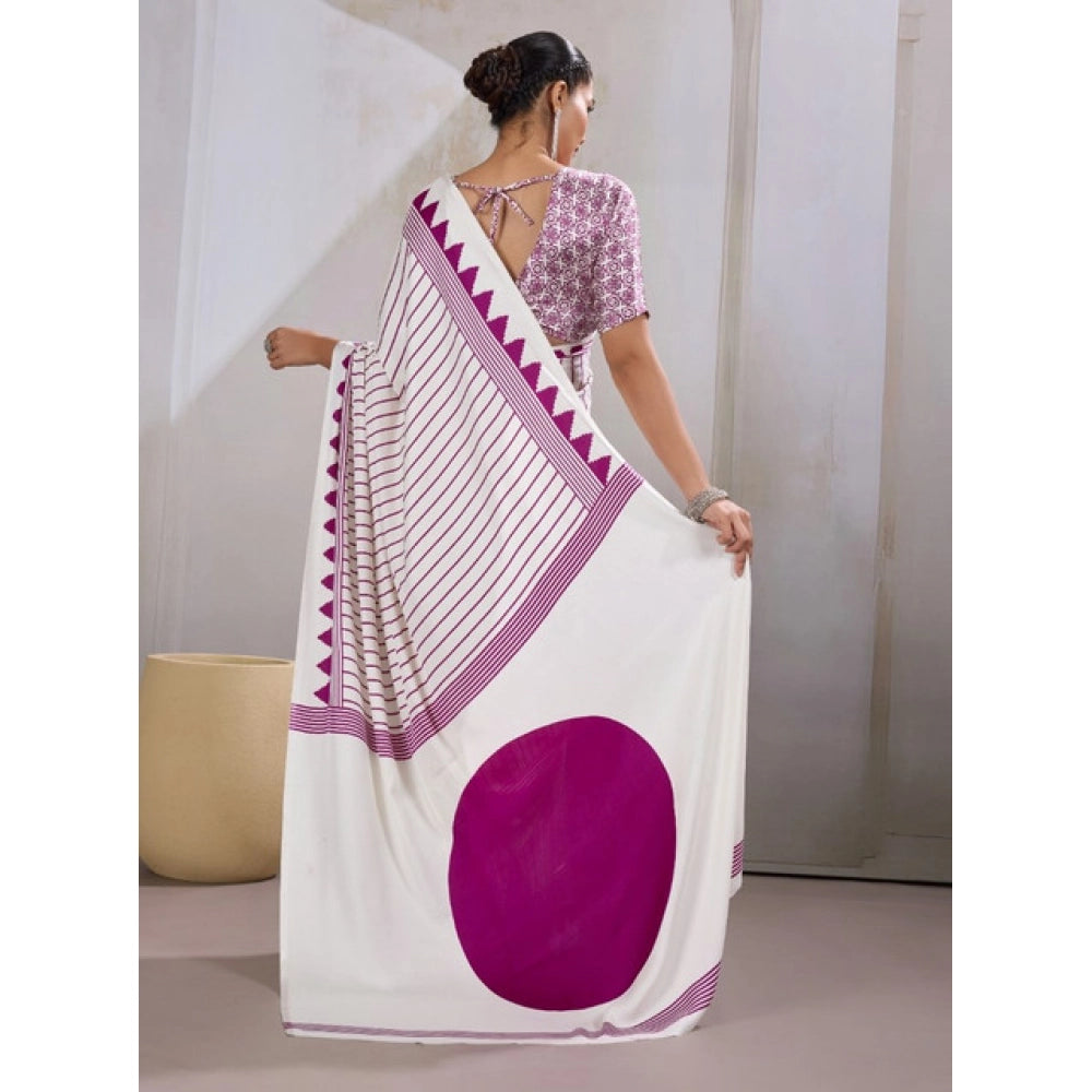 Vaystra Satin Crepe Printed Saree With Unstitched Blouse 5.5Mtr – White
