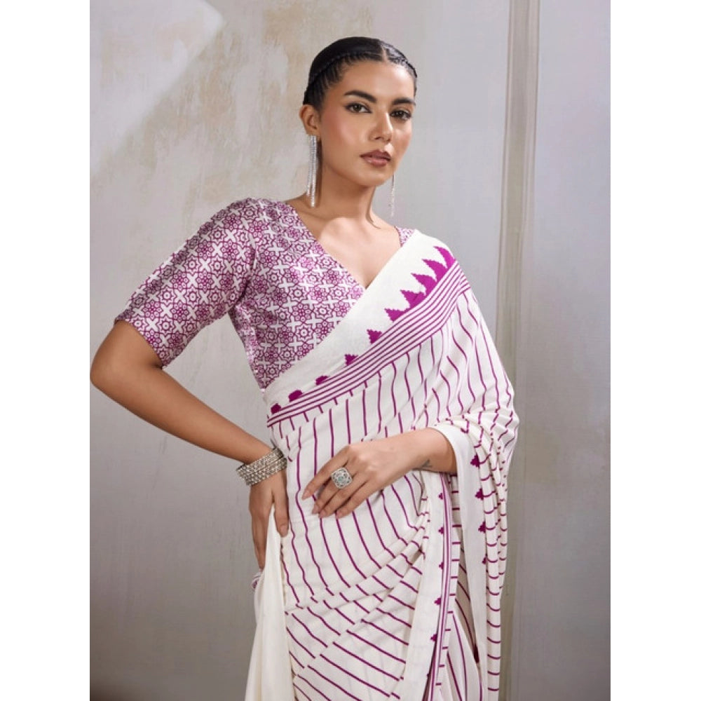 Vaystra Satin Crepe Printed Saree With Unstitched Blouse 5.5Mtr – White