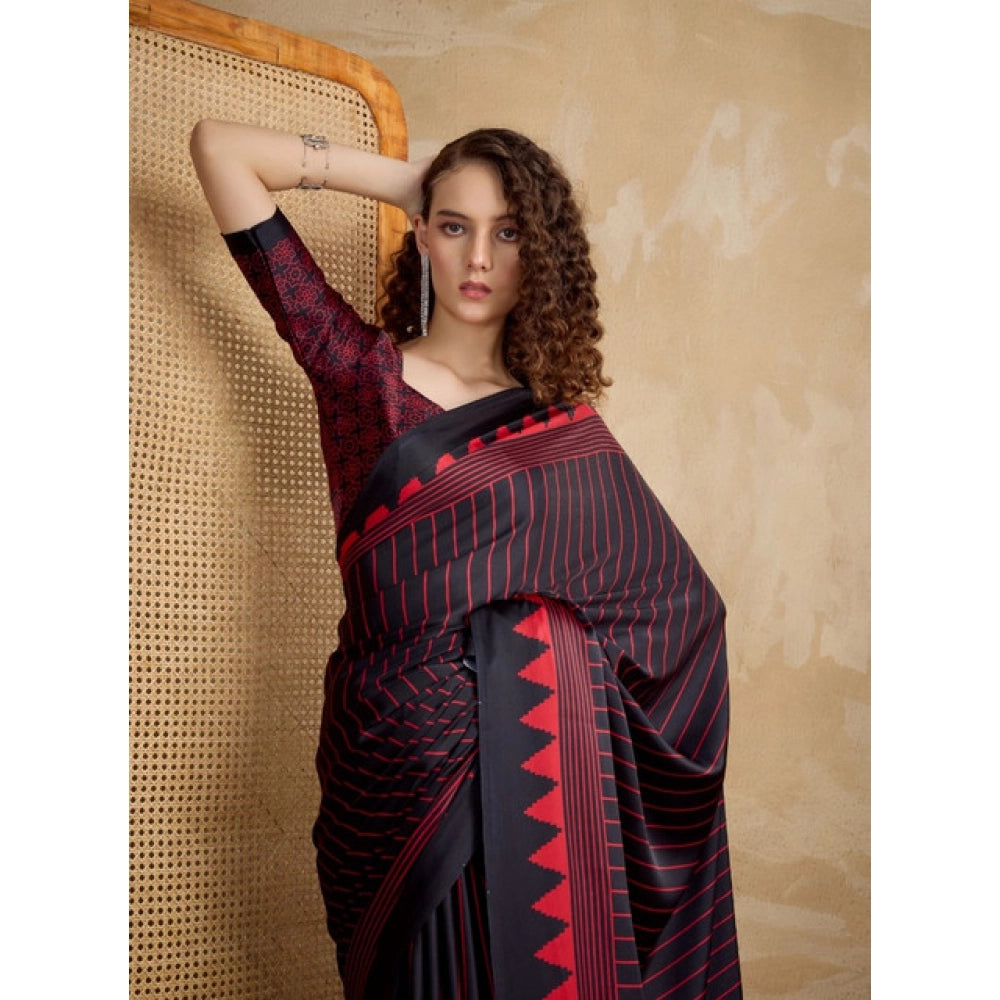 Vaystra Satin Crepe Printed Saree With Unstitched Blouse 5.5Mtr – Black