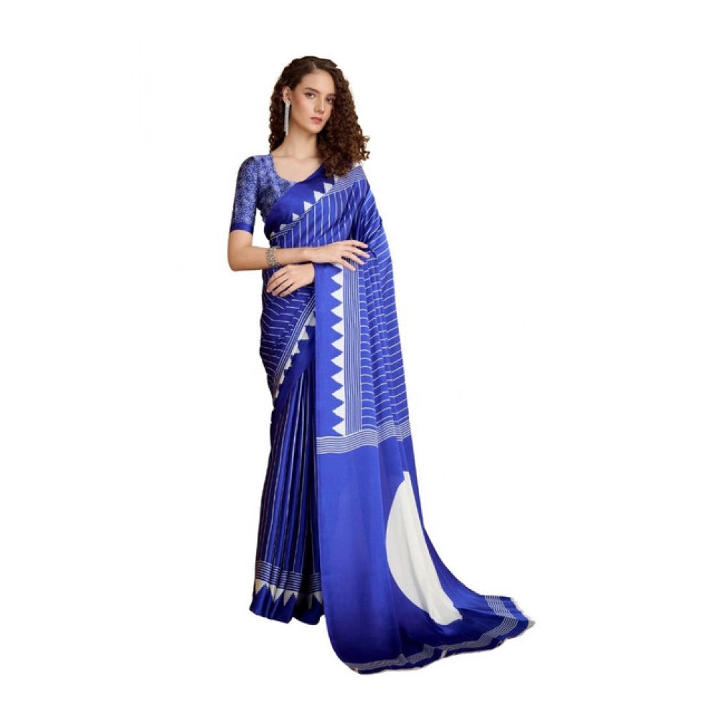 Vaystra Satin Crepe Printed Saree With Unstitched Blouse 5.5Mtr – Navy Blue