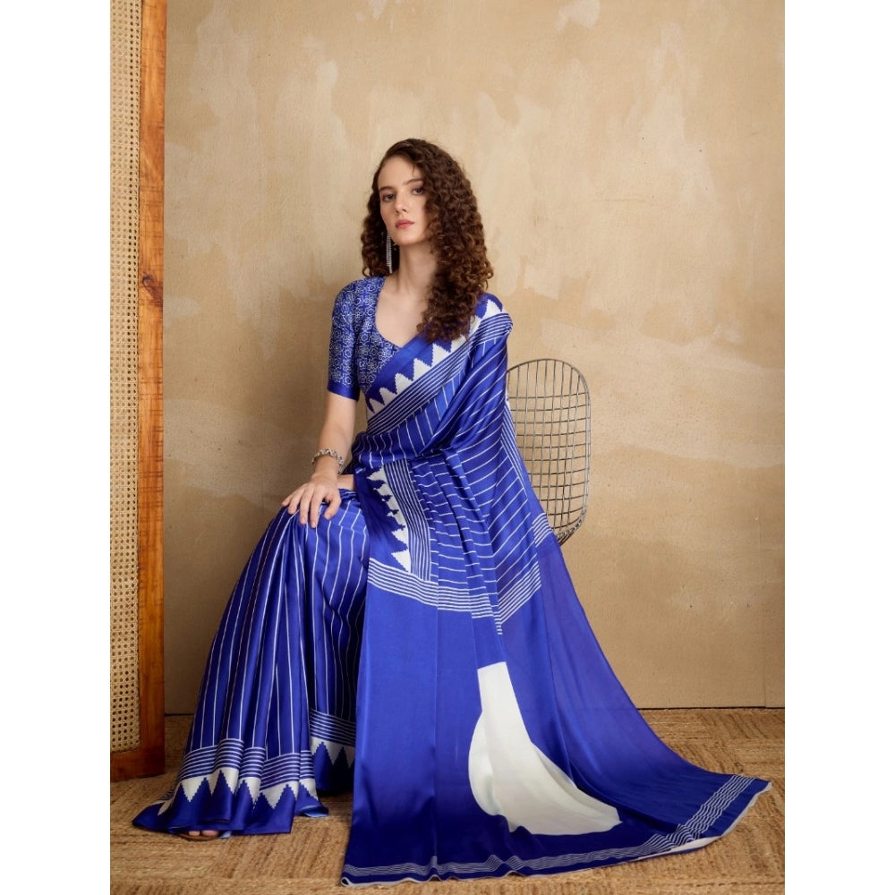 Vaystra Satin Crepe Printed Saree With Unstitched Blouse 5.5Mtr – Navy Blue