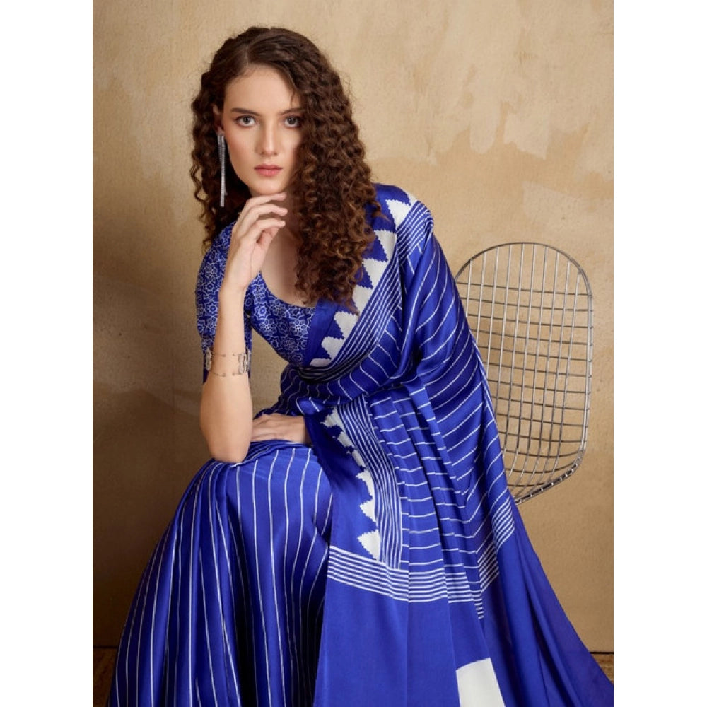 Vaystra Satin Crepe Printed Saree With Unstitched Blouse 5.5Mtr – Navy Blue