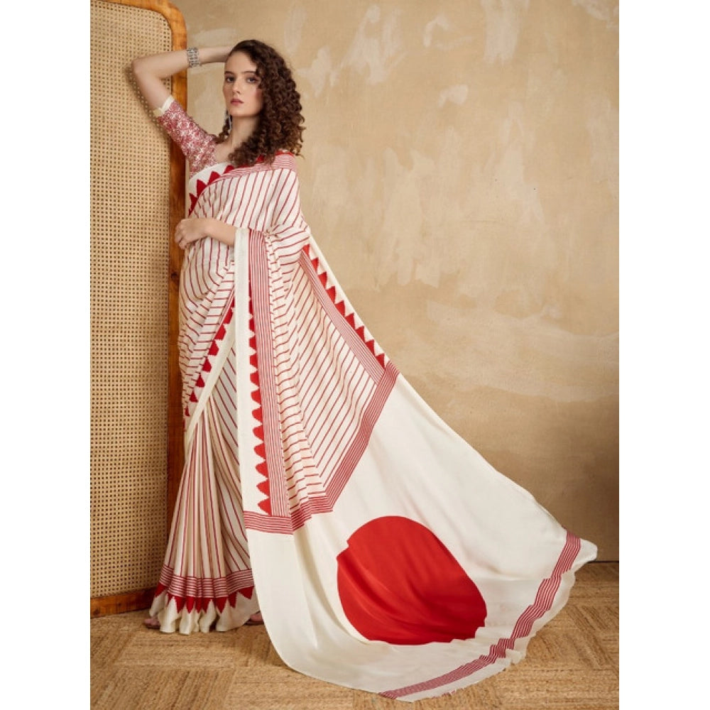 Vaystra Satin Crepe Printed Saree With Unstitched Blouse 5.5Mtr – Off White