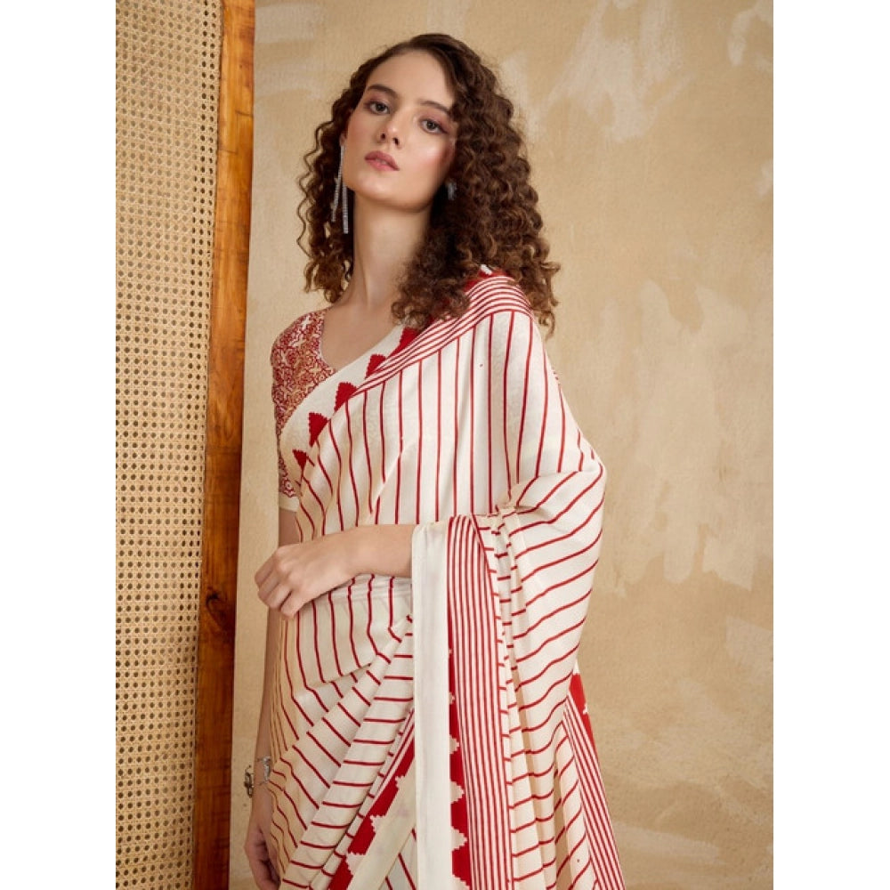 Vaystra Satin Crepe Printed Saree With Unstitched Blouse 5.5Mtr – Off White