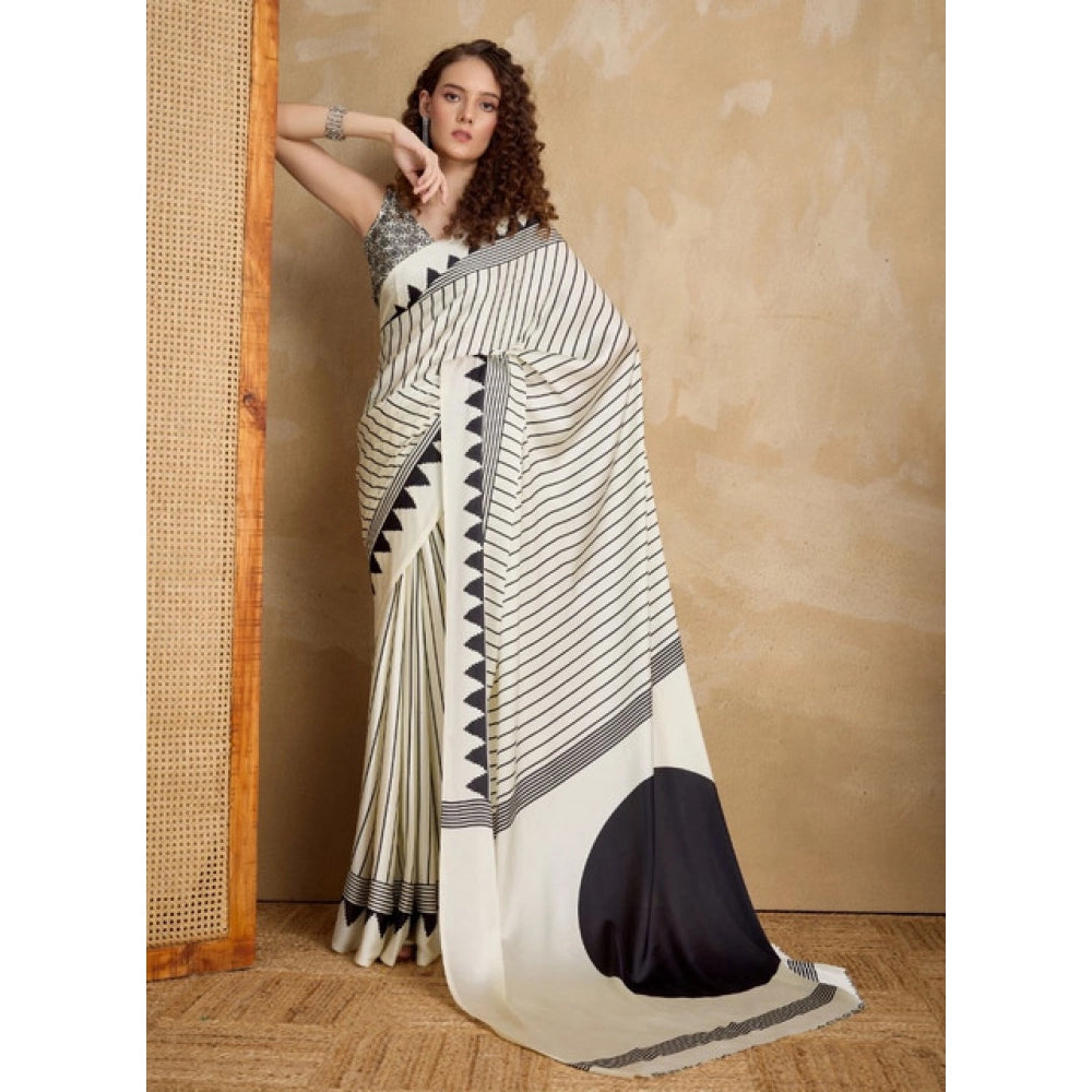 Vaystra Satin Crepe Printed Saree With Unstitched Blouse 5.5Mtr – White