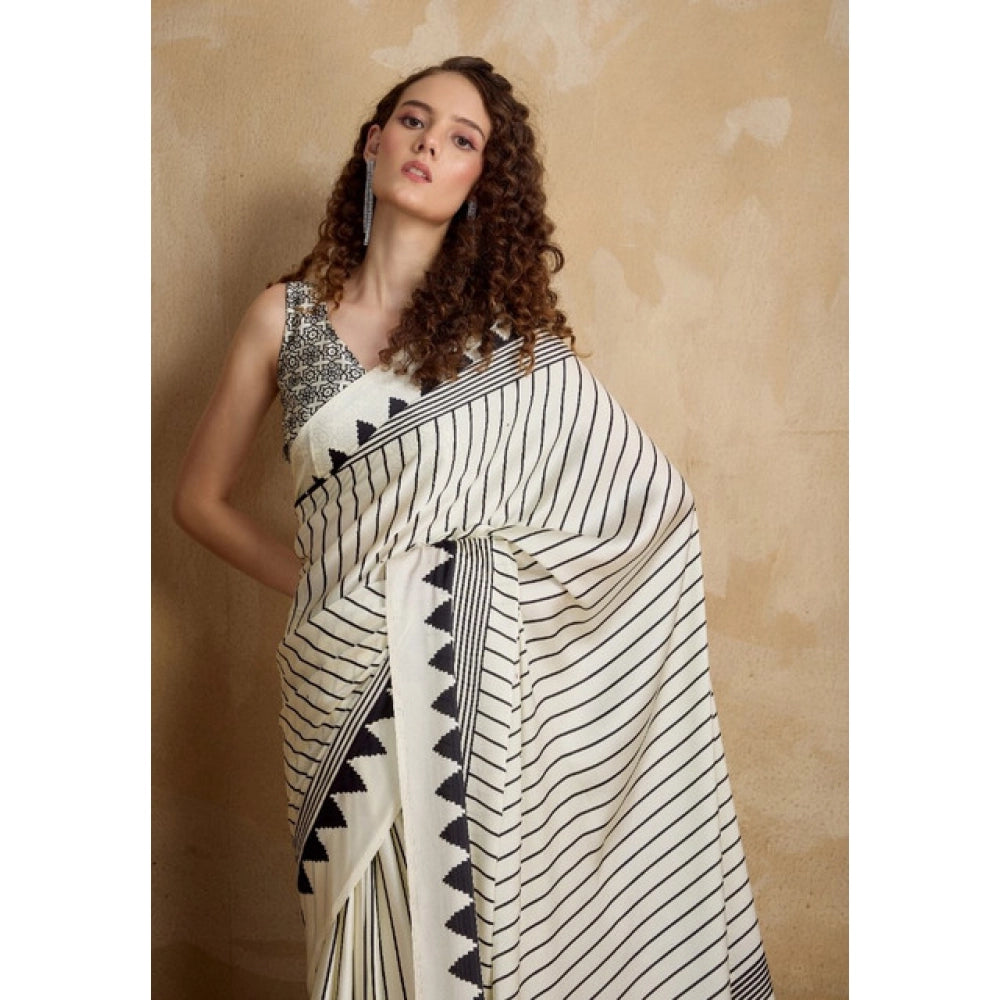 Vaystra Satin Crepe Printed Saree With Unstitched Blouse 5.5Mtr – White