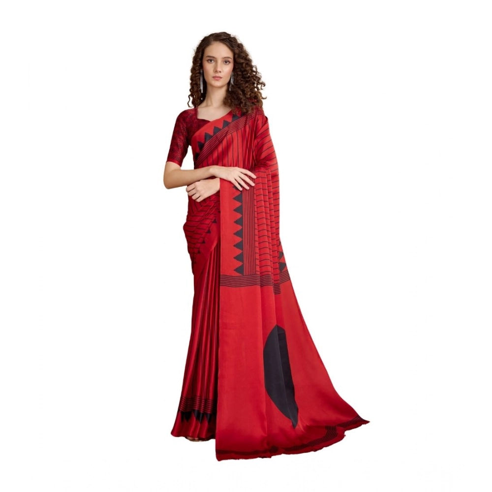 Vaystra Satin Crepe Printed Saree With Unstitched Blouse 5.5Mtr – Red