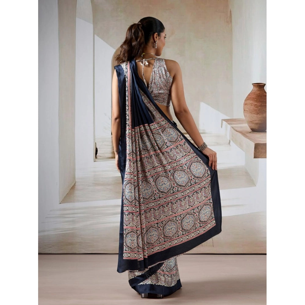 Vaystra Satin Crepe Printed Saree With Unstitched Blouse 5.5Mtr – Navy Blue